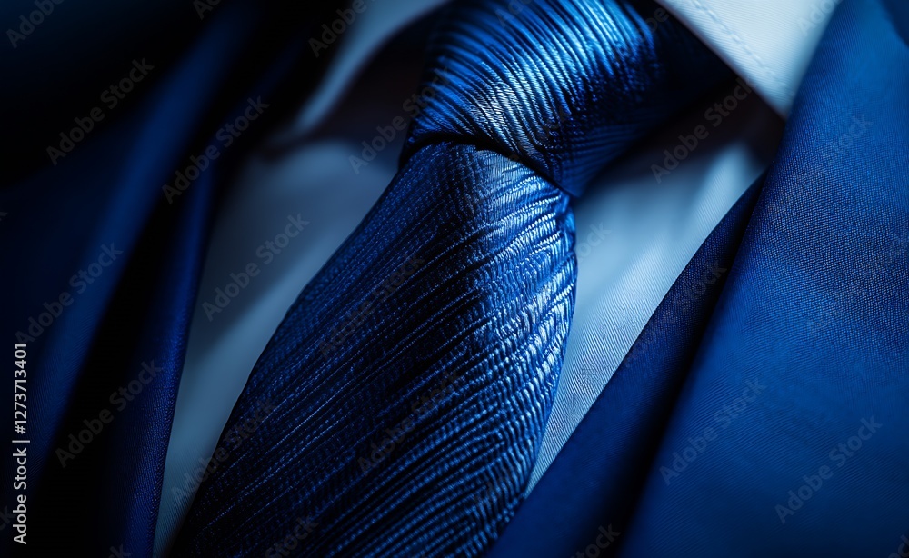 Chic close up of a textured blue tie highlighting modern elegance in fashion : Generative AI
