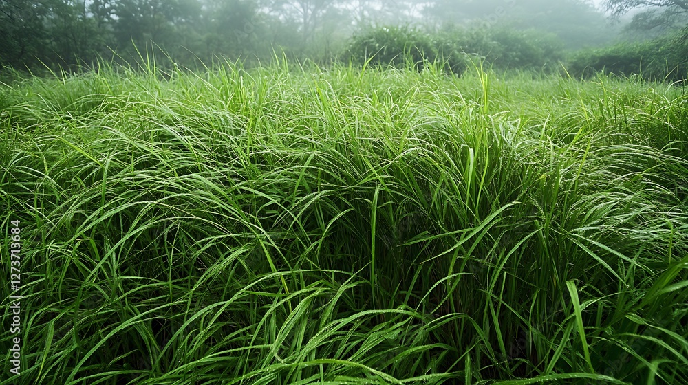 Fototapeta premium Lush Green Grass Field with Foggy Backdrop in Peaceful Nature