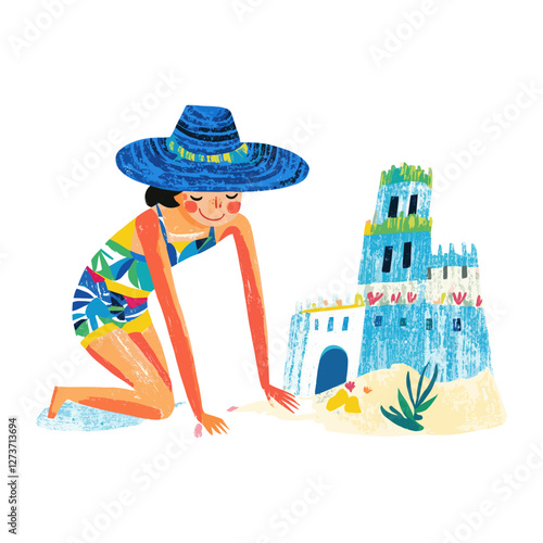 Girl make sand castle apparel summer ocean vector