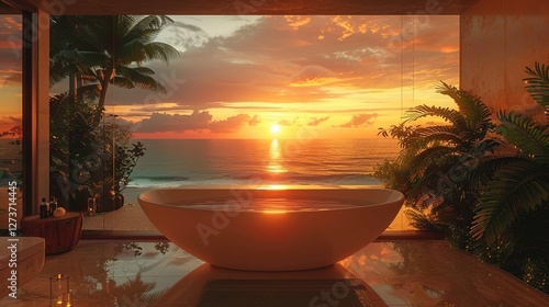 Fototapeta Naklejka Na Ścianę i Meble -  A serene sunset view from a luxurious bathroom featuring a white freestanding tub and lush tropical plants, creating a tranquil ambiance.