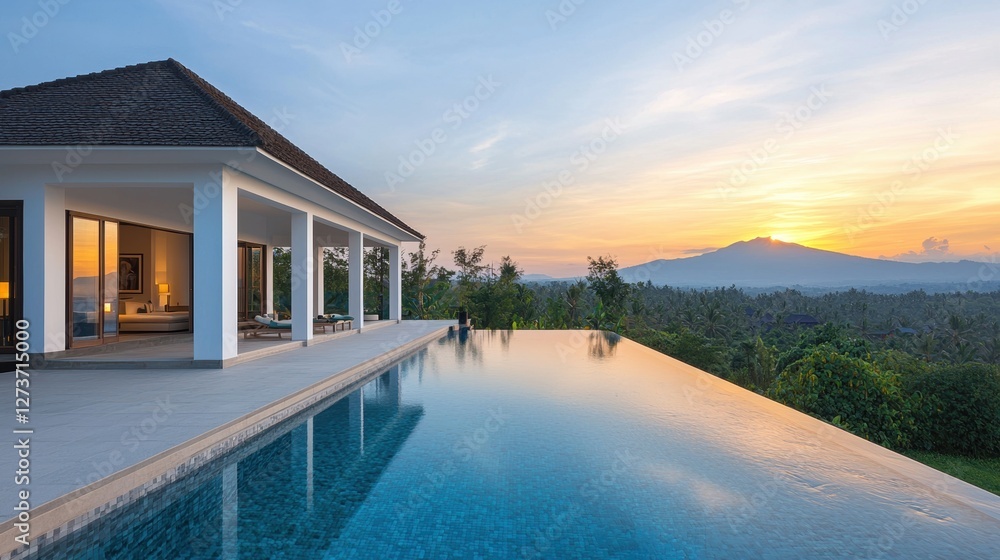 Fototapeta premium Serene Modern Villa with Infinity Pool Overlooking Sunset and Mountain Landscape in Tranquil Paradise