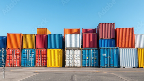 Obraz na płótnie Stacked Shipping Containers: Vibrant Industrial Scene w salonie