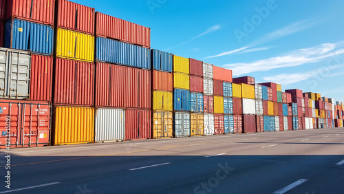 Obraz na płótnie Stacked Shipping Containers: Vibrant Industrial Scene w salonie