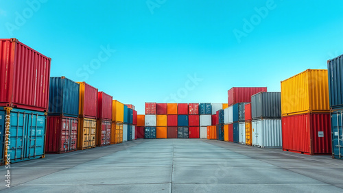 Colorful Shipping Containers: Organized Stacks Under Blue Sky