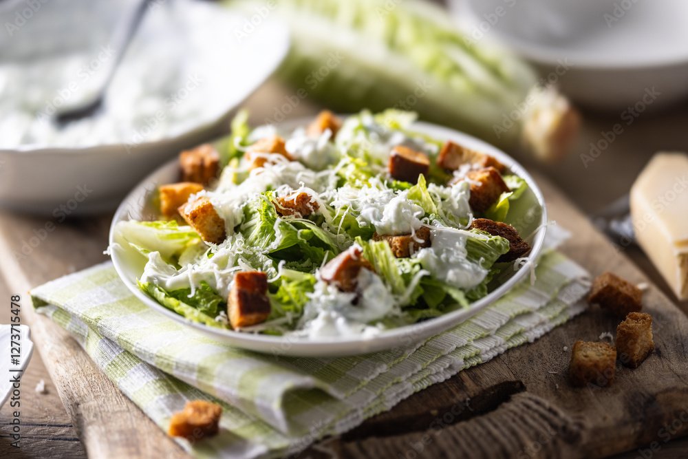 Healthy Caesar salad made with Romaine lettuce, croutons, tzatziki dressing and parmesan cheese. Healthy Caesar salad made with Romaine lettuce, croutons, tzatziki dressing and parmesan cheese.