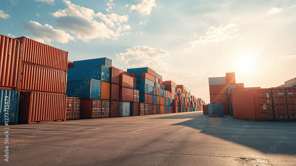 Sunset Over Stacked Shipping Containers: Global Trade at Dusk