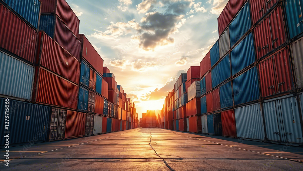 Warm Sunset Glow on Shipping Yard: Global Trade Hub
