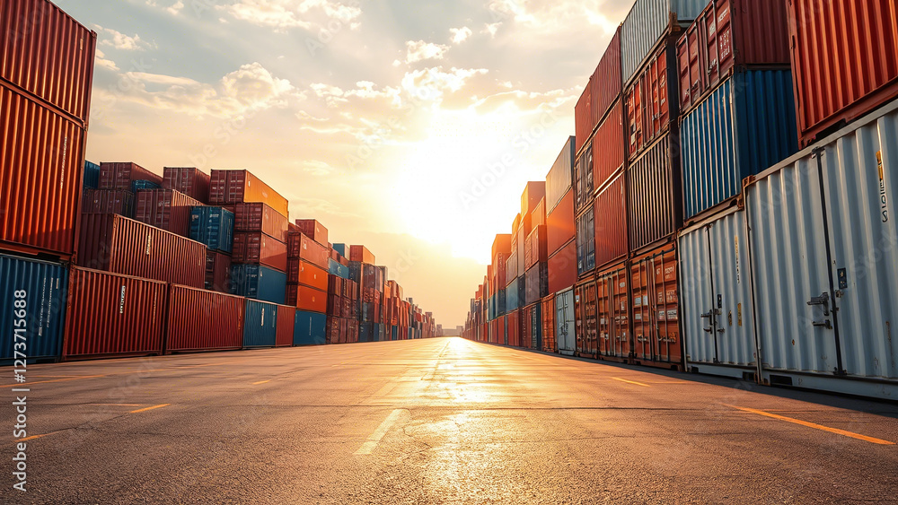 Port Storage at Sunset: Stacked Containers and Pathway
