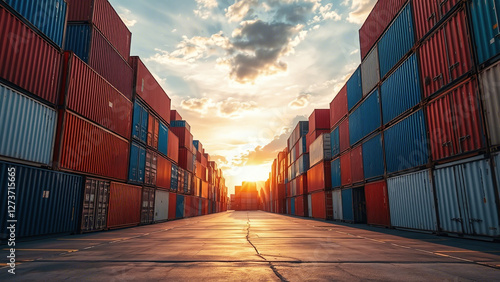 Obraz na płótnie Warm Sunset Glow on Shipping Yard: Global Trade Hub w salonie