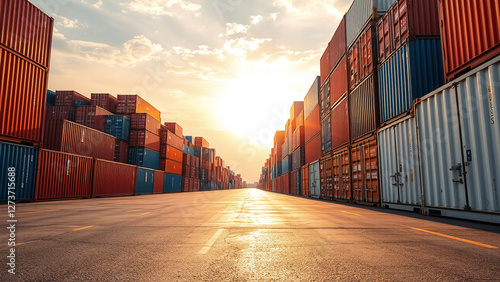 Port Storage at Sunset: Stacked Containers and Pathway