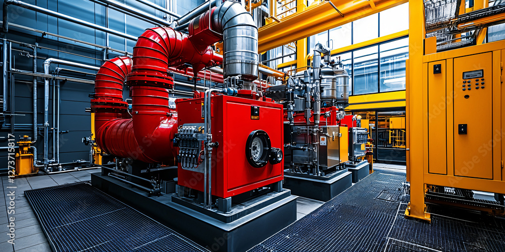 Naklejka premium The heat recovery system in a modern biomass plant, showing advanced technology used to maximize energy efficiency.