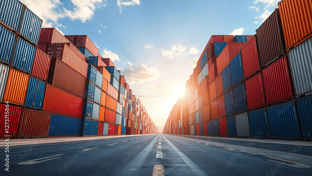 Port Storage at Sunset: Stacked Containers and Pathway