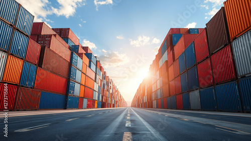 Obraz na płótnie Port Storage at Sunset: Stacked Containers and Pathway w salonie