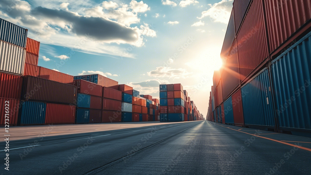 Sunset Over Stacked Shipping Containers: Global Trade at Dusk