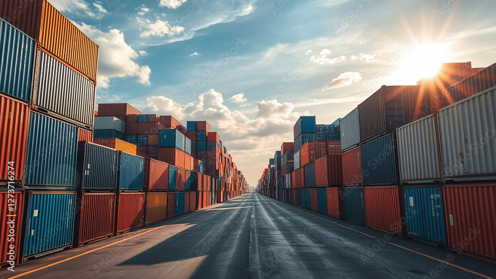 Sunset Over Stacked Shipping Containers: Global Trade at Dusk