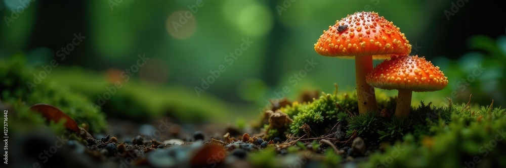Fototapeta premium Highly toxic fungi growing in the forest floor, isolated background, mycology