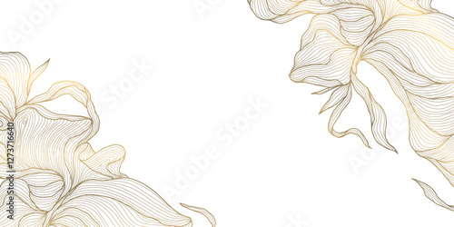 Vector gold leaves, floral luxury frame background, nature line abstract illustration, wave wedding illustration. Japanese premium texture
