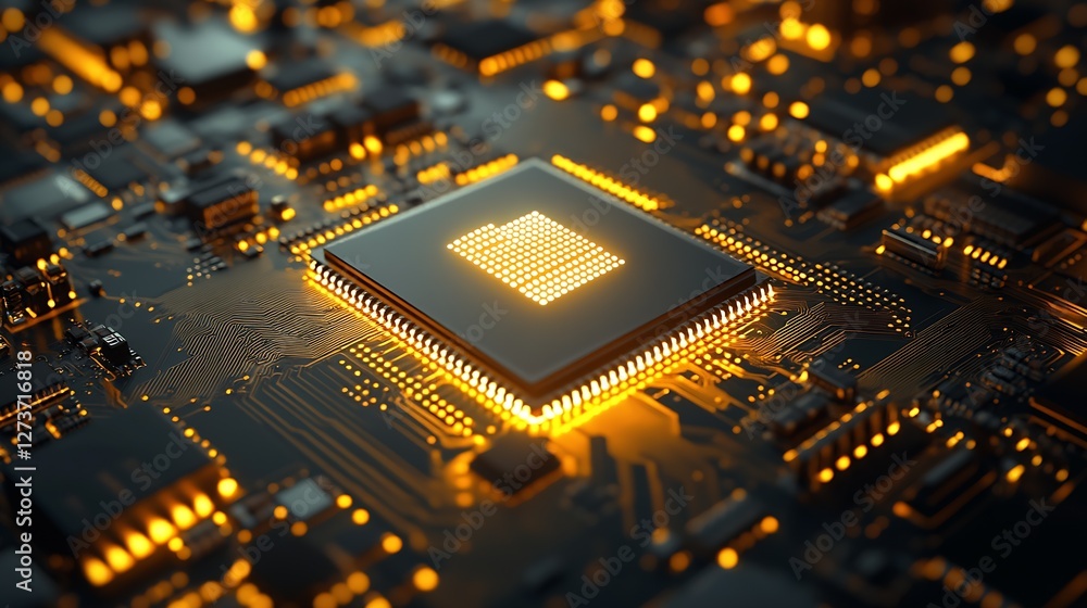 Advanced glowing circuit board with a prominent processor showcasing high-tech components : Generative AI