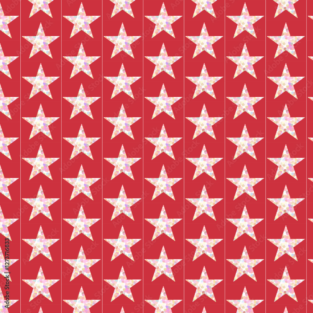 A joyful and repetitive pattern of bright stars on a bold red backdrop, perfect for celebrations A joyful and repetitive pattern of bright stars on a bold red backdrop, perfect for celebrations