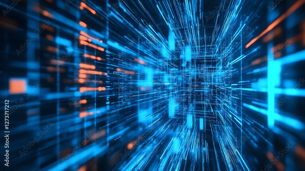 Vibrant Blue Neon Movement in a High-Tech Digital Space with Abstract Light Patterns : Generative AI