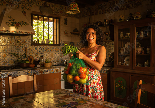 Happy Woman Holding a Fresh Vegetable Bag in a Cozy Brazilian Kitchen