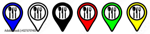 Flat map dot icons for restaurants, cafes, catering establishments position, in different colors , set of location icons on transparent background. Position symbols or GPS positioning