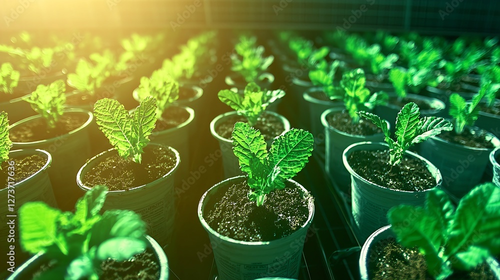 Fresh Mint Seedlings Growing in Pots in Greenhouse Bathed in Gentle Light : Generative AI