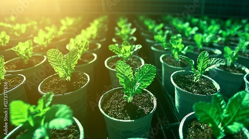 Obraz na płótnie Fresh Mint Seedlings Growing in Pots in Greenhouse Bathed in Gentle Light : Generative AI w salonie