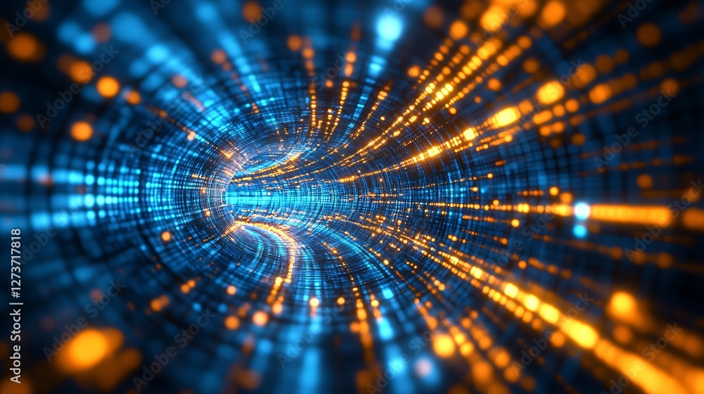 Futuristic glowing tunnel perspective with vibrant blue and orange light flow : Generative AI