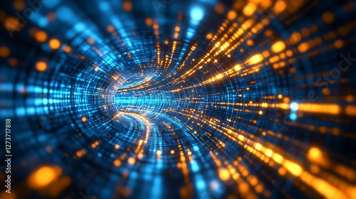 Obraz na płótnie Futuristic glowing tunnel perspective with vibrant blue and orange light flow : Generative AI w salonie