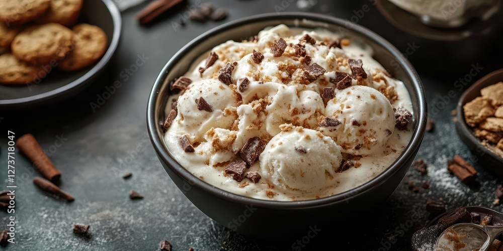 Creamy dessert bowl filled with rich ice cream and cookie crumbles garnished with chocolate on a dark countertop Creamy dessert bowl filled with rich ice cream and cookie crumbles garnished with chocolate on a dark countertop
