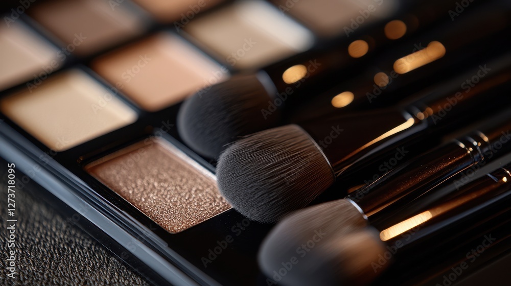 A close-up of a makeup palette featuring various shades and professional brushes, highlighting beauty and cosmetics. A close-up of a makeup palette featuring various shades and professional brushes, highlighting beauty and cosmetics.