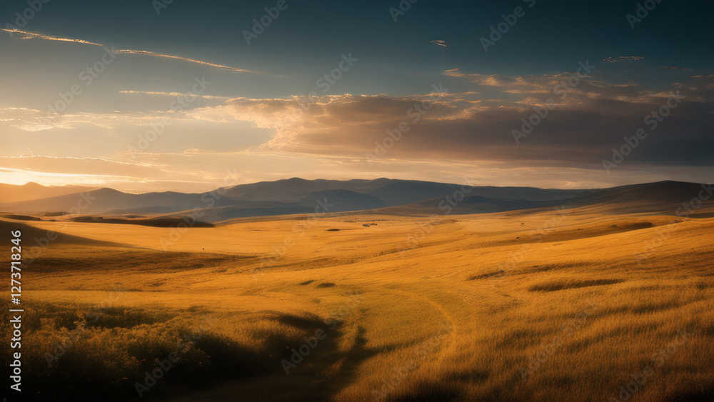 Golden Steppe Landscape at Sunset with Rolling Hills and Vast Grasslands Golden Steppe Landscape at Sunset with Rolling Hills and Vast Grasslands
