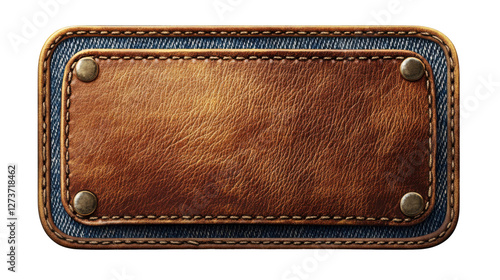 A rectangular leather patch with a stitched denim border and metal rivets, showcasing a rich brown texture. photo