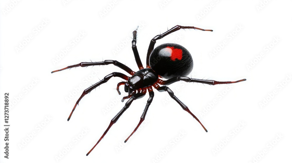 Black Widow Spider. Poisonous Insect With Red Hourglass On Black Shiny Body. Arachnid Danger. Isolated On White. Black Widow Spider. Poisonous Insect With Red Hourglass On Black Shiny Body. Arachnid Danger. Isolated On White.