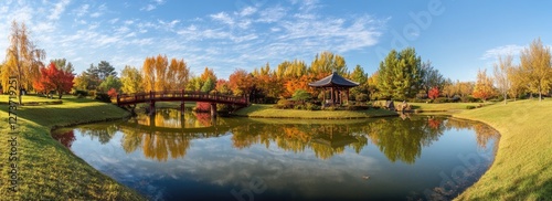 Panoramic view of autumn colors in the Japanese garden, with a reflection on the lake.