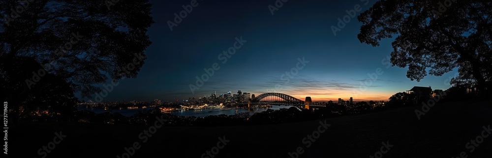 Fototapeta premium Panoramic view of city skyline Bridge at night, clear sky, no clouds, no buildings in front of or near the bridge, no reflections on the water surface, sharp focus