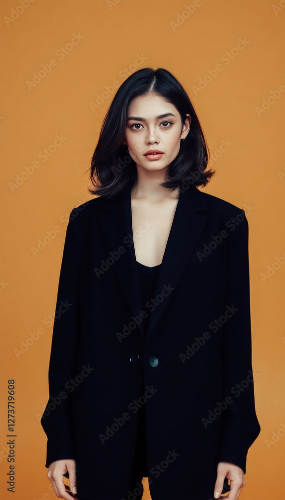 Fototapeta premium Confident woman with dark hair wearing a black blazer against a warm orange background.