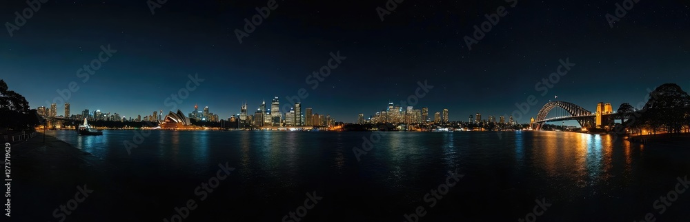 Panoramic view of city skyline Bridge at night, clear sky, no clouds, no buildings in front of or near the bridge, no reflections on the water surface, sharp focus Panoramic view of city skyline Bridge at night, clear sky, no clouds, no buildings in front of or near the bridge, no reflections on the water surface, sharp focus