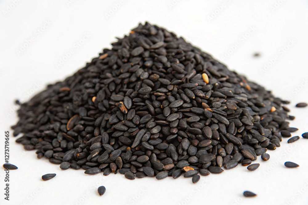 Black sesame seeds in a triangular pile Black sesame seeds in a triangular pile