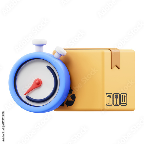 A 3D render depicts a cartoon stopwatch with a package, representing fast and efficient delivery services. photo