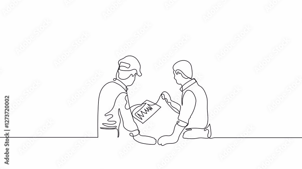 Hand-Drawn One-Line Contractor Animation | Minimalist Line Art | Continuous Outline Drawing Two Young Architect Explaining Building Design Blueprint to Contractor | Business Concept. Hand-Drawn One-Line Contractor Animation | Minimalist Line Art | Continuous Outline Drawing Two Young Architect Explaining Building Design Blueprint to Contractor | Business Concept.