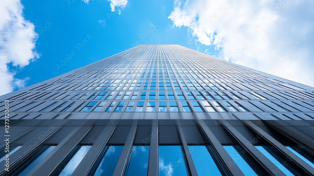 Sleek High Rise Building Reaching Skyward In The Daylight With Bright Blue Sky Background : Generative AI Sleek High Rise Building Reaching Skyward In The Daylight With Bright Blue Sky Background : Generative AI