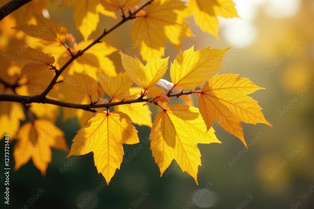 Yellow autumn leaves glow warmly on the tree's limbs in natural sunlight, autumn, branch Yellow autumn leaves glow warmly on the tree's limbs in natural sunlight, autumn, branch