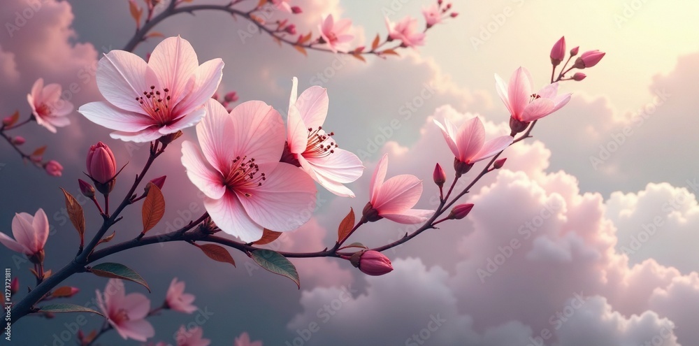 Fototapeta premium wispy cloud tendrils entwine delicate flowers, foggy misty nature surreal, floral forms, gentle curves