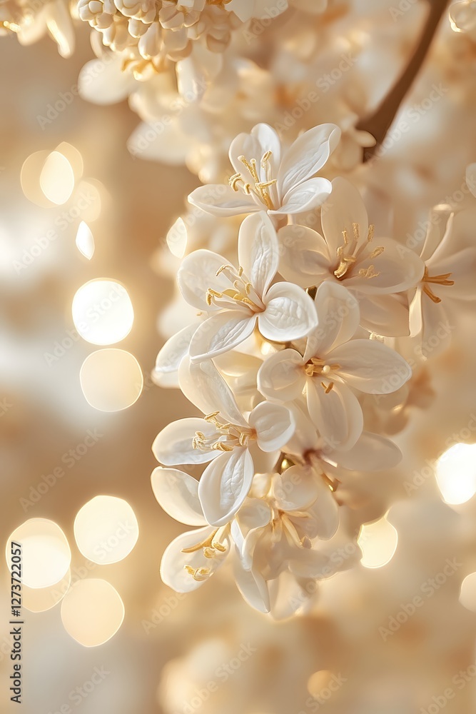 Delicate White Blossom Branch Bathed in Soft Golden Light for Serene Elegance Delicate White Blossom Branch Bathed in Soft Golden Light for Serene Elegance
