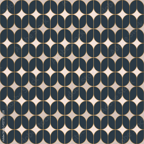 Retro-inspired geometric pattern with overlapping rounded shapes in navy and light beige. Thin gold lines outline each element. Luxury art deco repeating surface.