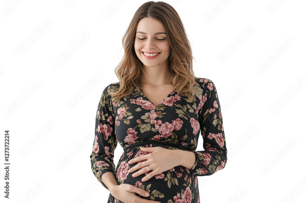 pregnant Caucasian woman in floral dress cradling her belly and smiling isolated on transparent white background pregnant Caucasian woman in floral dress cradling her belly and smiling isolated on transparent white background