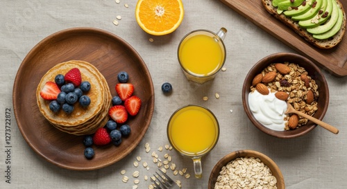 A beautifully arranged organic breakfast scene from a top-down perspective. A wooden plate holds a stack of whole-grain pancakes with fresh berries and a drizzle of raw honey. Next to it, a ceramic bo photo