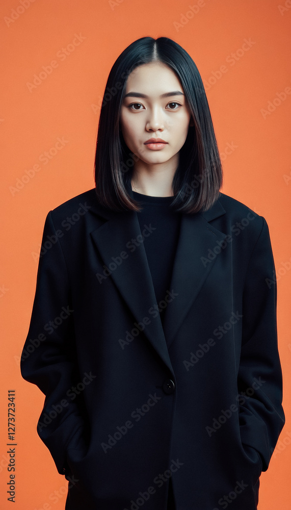 Fototapeta premium Confident brunette woman in a black oversized blazer, posing against an orange background.